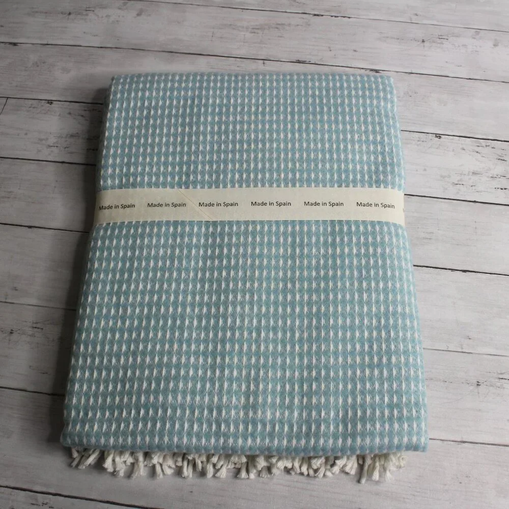 Made in Spain Throw Blanket Blue Cream with Fringe Cotton Blend